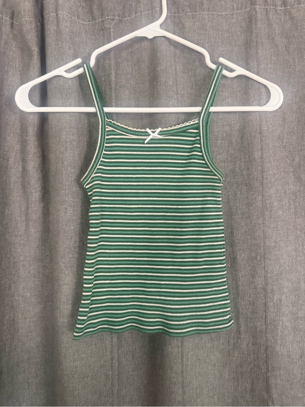 Brandy Melville Green and White Striped Ribbed Cami with Lace bow
